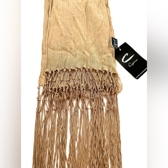 Cejon Semi Sheer Taupe/Tan/Khaki Scarf with Crochet Knotted Fringe- NWT - Picture 6 of 8
